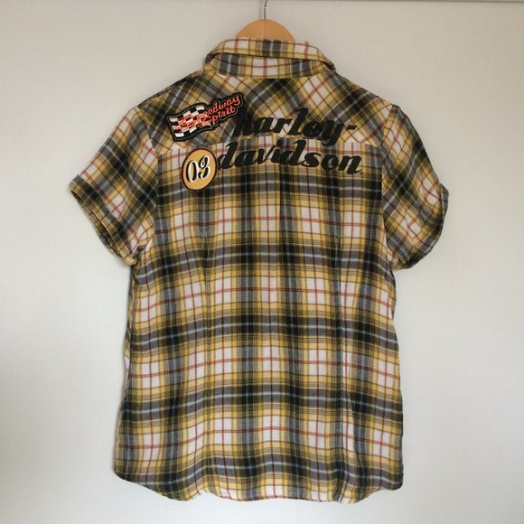 Harley Davidson Womens Speedway Spirit Blouse Medium Plaid Pearl Snap Cap Sleeve - Picture 2 of 9